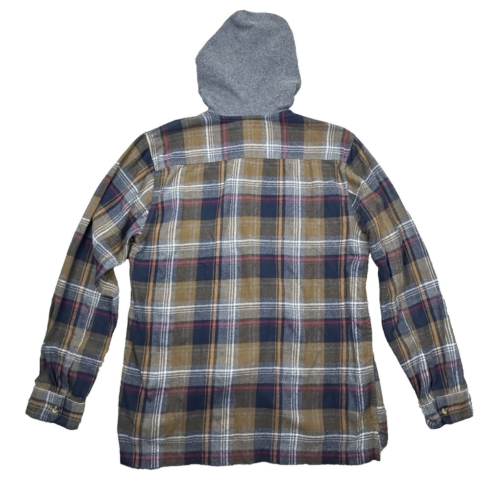 Billabong Baja Flannel Hoodie Shacket L Plaid Core Fit Stretch Brown Blue Red - Picture 13 of 13